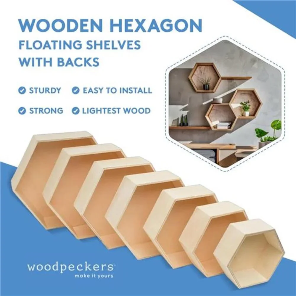 New Wooden Hexagon Floating Shelves with Backs, 2 Sets of 7, Unfinished